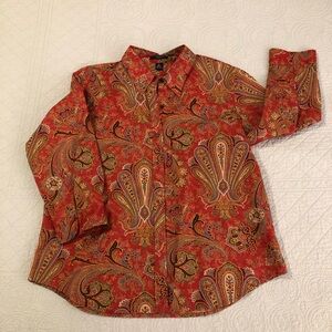 Chaps paisley print button down shirt blouse. Size large petite.
